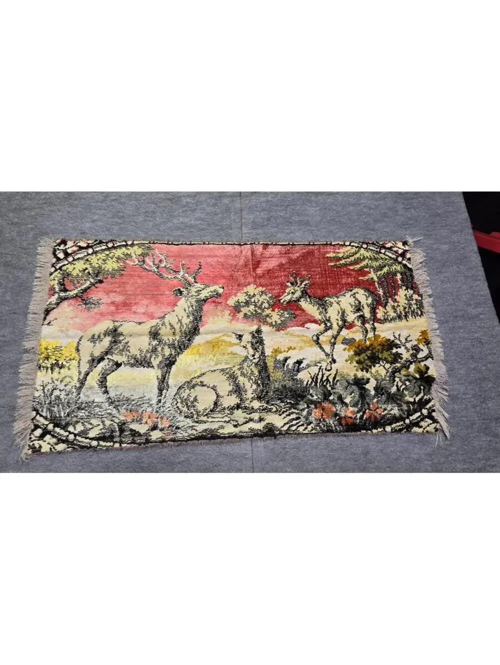 Vintage Velvet Deer Scene Tapestry Wall Hanging Throw Fringe Rustic Cabin Decor